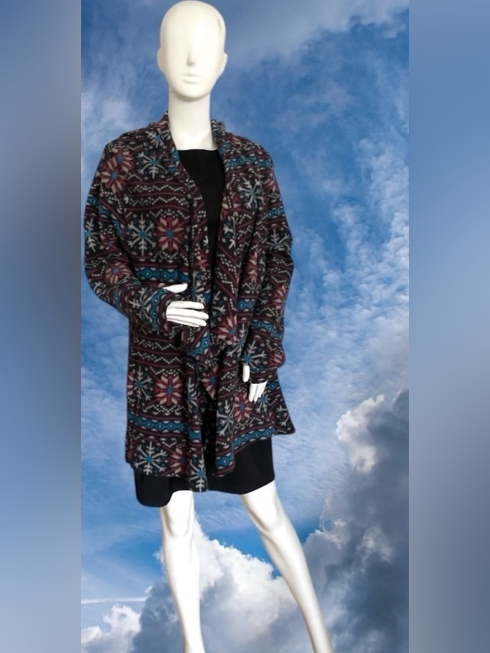 Cuddl Duds Fleecewear Stretch Long Hooded Cardigan Size L/XL Nordic Snowflake